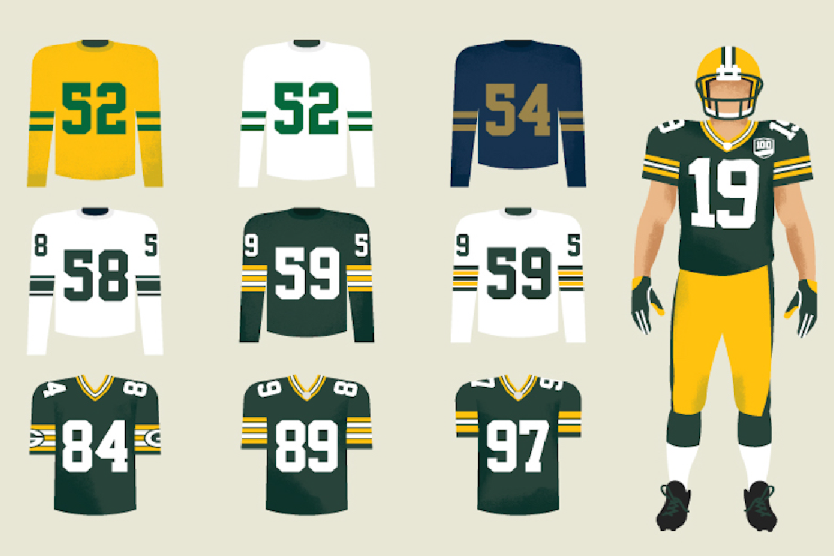 green bay packers uniforms through the years