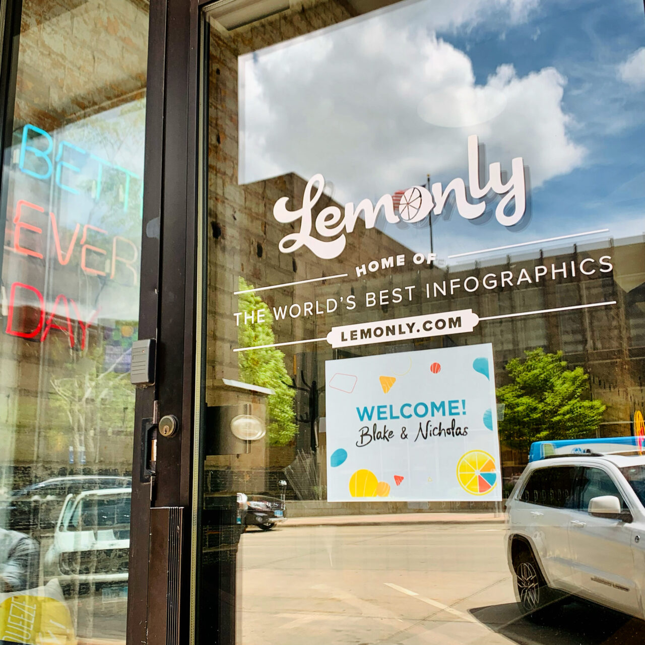 Photo of Lemonly office door with sign welcoming 2021 summer interns Blake and Nicholas