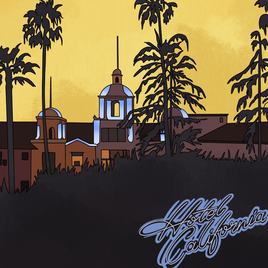 Illustrated album cover for Hotel California by The Eagles