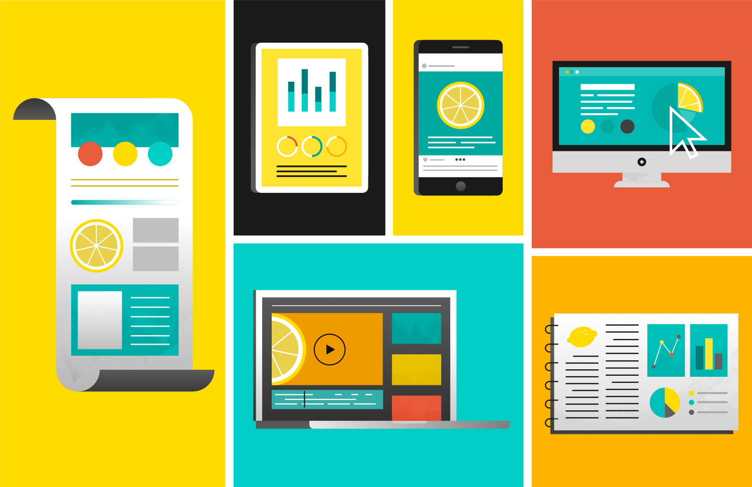 Illustration of several tiles showing different visual content types for annual reports