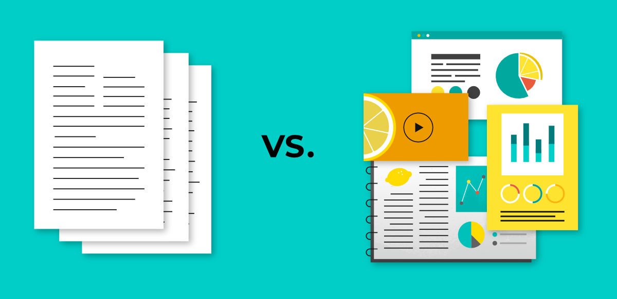 Comparison of a plain text document versus visual content with custom graphics and data visualizations